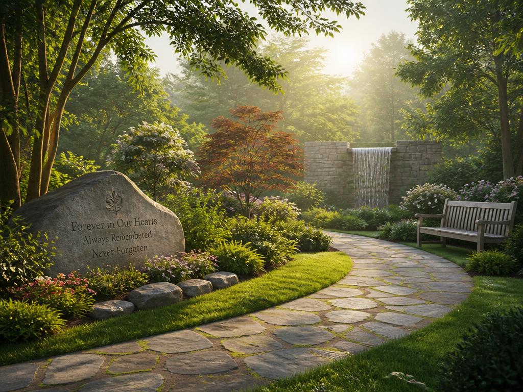 Quiet memorial garden with a stone path in soft morning light