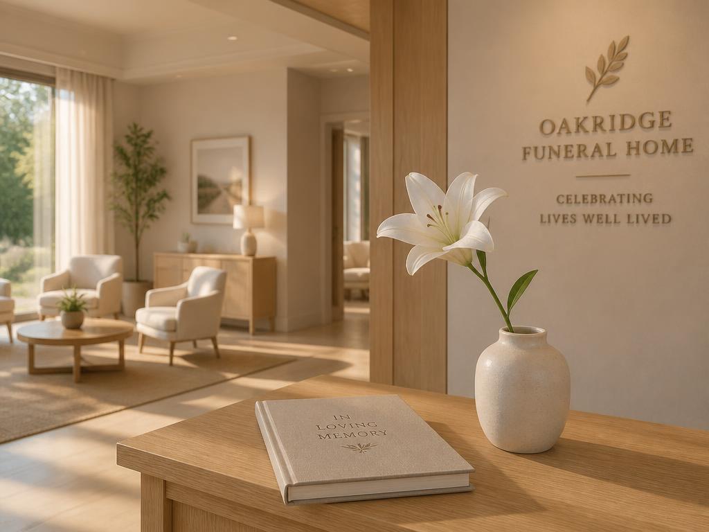 Sunlit funeral home interior with pale oak furniture and a single white lily